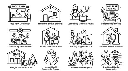 Obraz premium Set of Social Services and Community Support Line Icons.