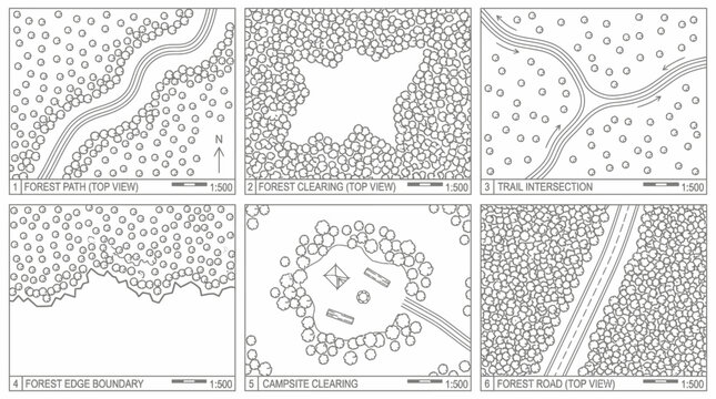 Set of six fantasy tabletop roleplaying game map top down view icons representing different forest terrain types.
