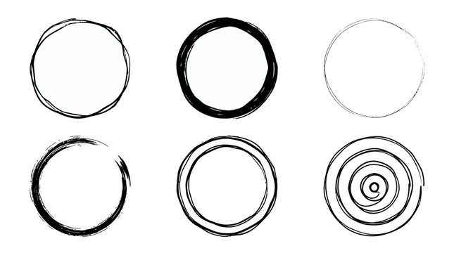 Set of six hand drawn grunge circle frames and shapes.
