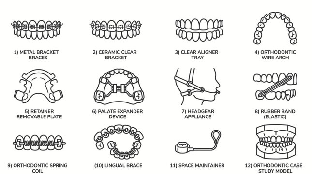 Set of orthodontic dental appliances and corrective devices for teeth alignment.