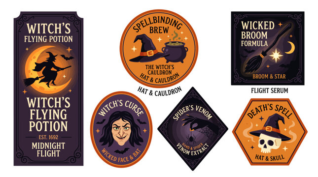Set of Halloween potion labels with vintage magical illustrations.