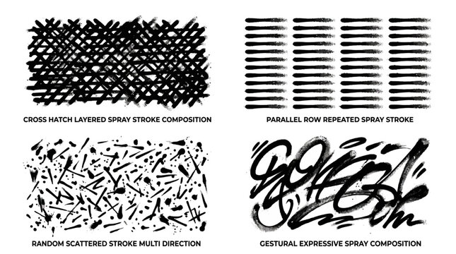 Set of four artistic spray paint stroke textures and graffiti compositions.