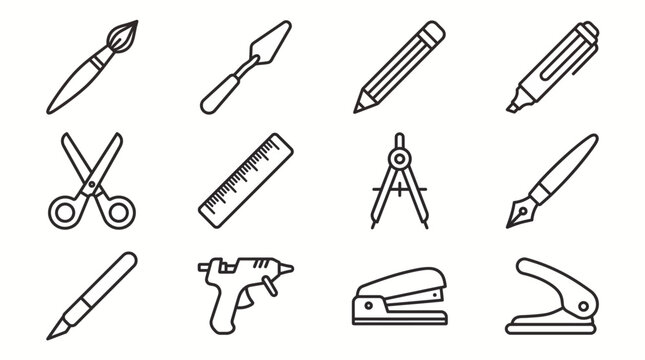 Set of outline icons representing various school and office stationery supplies.