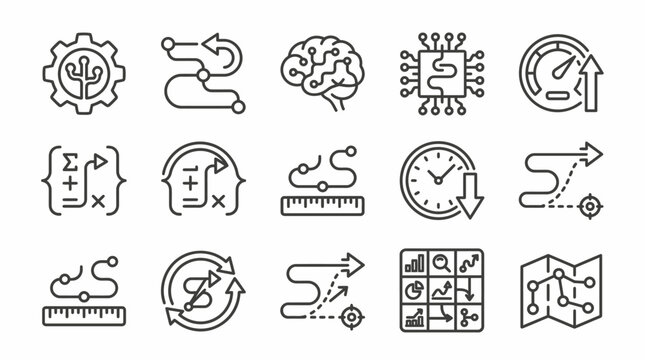 Set of project management and workflow process line icons.
