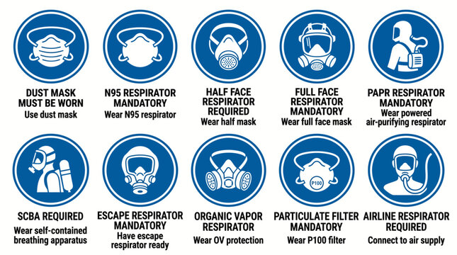 Set of respiratory protection safety signs and icons for industrial workplace compliance.