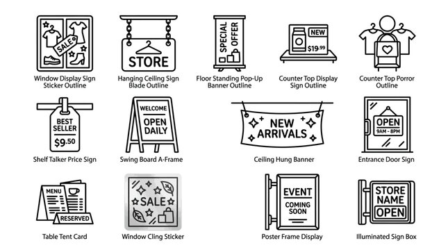 Set of retail store signage and advertising display icons.