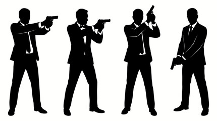 Obraz premium Set of silhouettes of secret agents in suits holding guns.