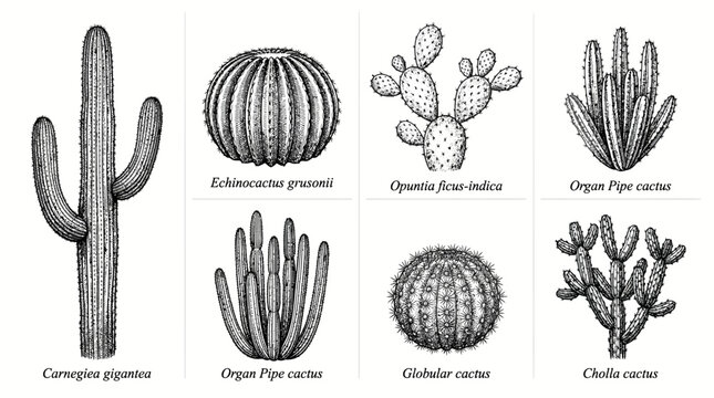 Set of hand drawn cactus plants in vintage engraving style.