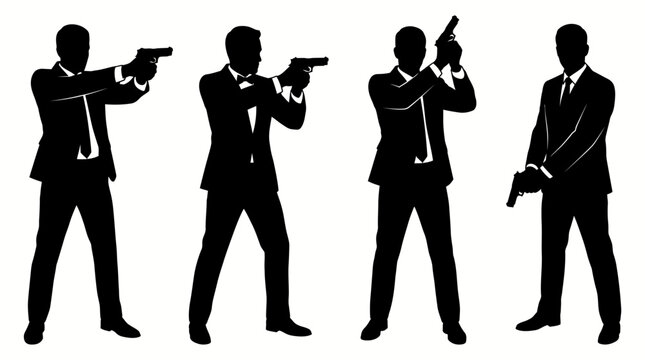 Set of silhouettes of secret agents in suits holding guns.