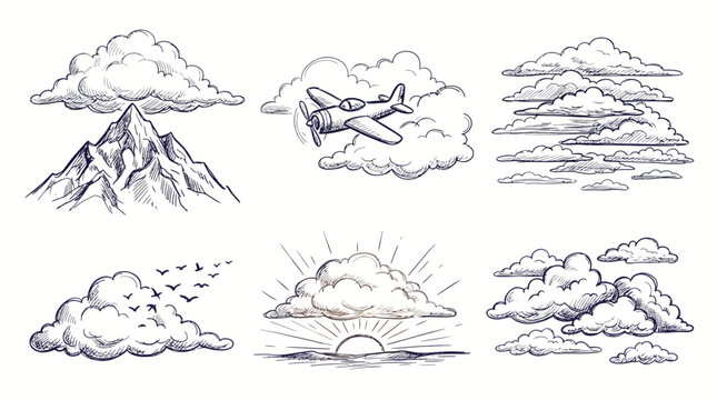 Set of hand drawn clouds and landscape elements sketches.