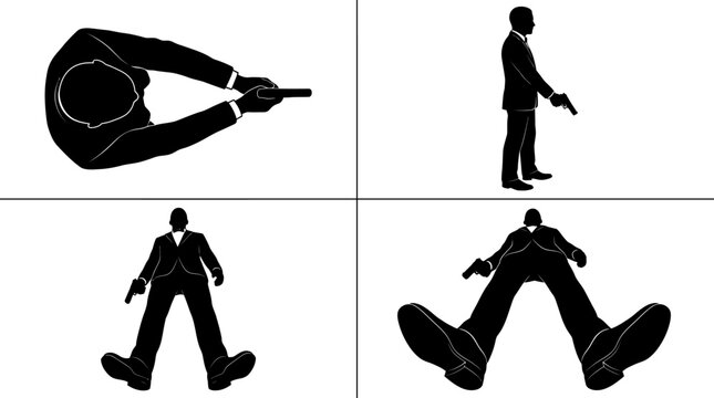 Set of silhouettes showing a secret agent with a handgun from various camera angles.