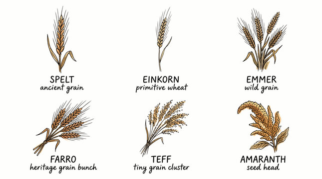 Set of hand drawn illustrations of various ancient grains and seeds.