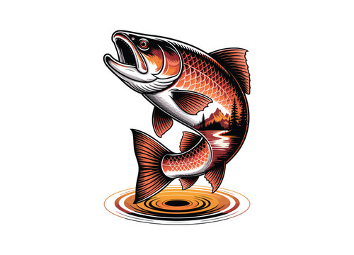 Leaping salmon illustration with mountain landscape within its form on transparent background angling.