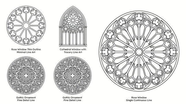 Set of intricate gothic architectural rose window designs and cathedral arch sketches.