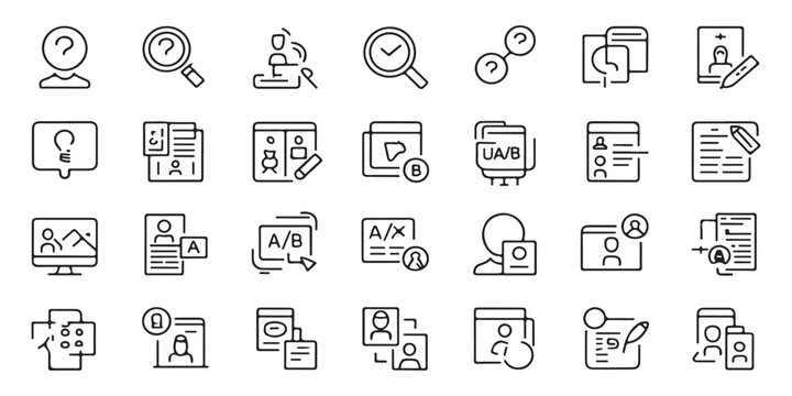 Customer profile research icons set including split testing persona creation and data analysis outline symbols.