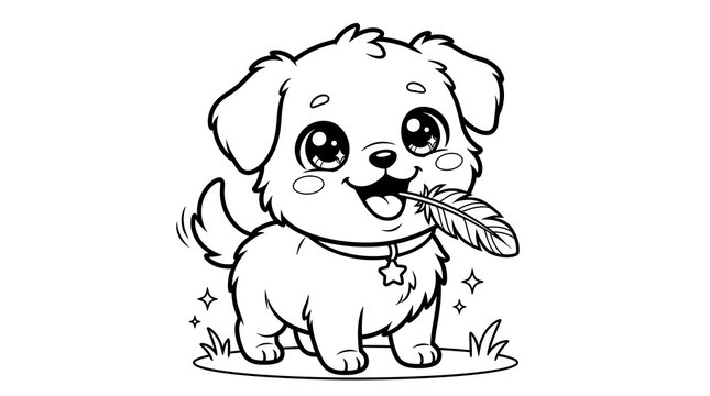 Cute Puppy Holding a Feather Line Art Illustration Cartoon Dog Coloring Page on White Background