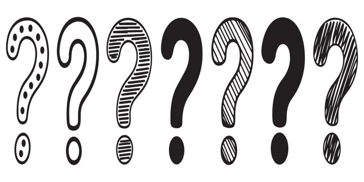 Set of various question mark designs featuring diverse textures patterns and shading styles for visual information.