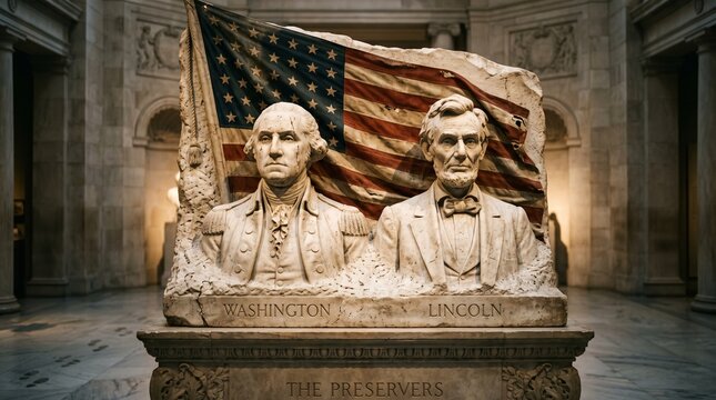 Statues of George Washington and Abraham Lincoln stand before a large American flag inside a grand building. The marble busts are detailed and honor the presidents, symbolizing American history