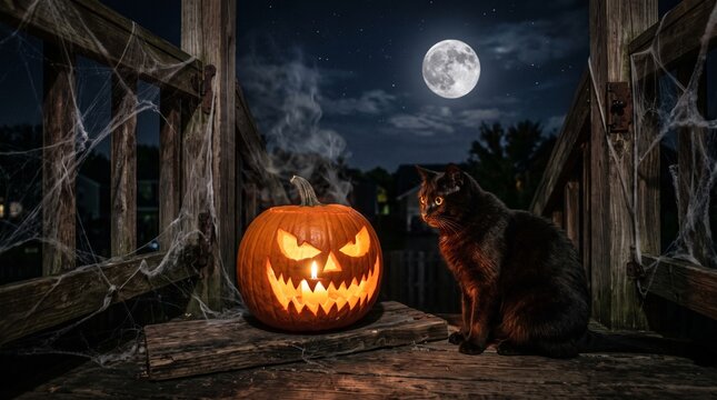 A spooky Halloween scene with a carved pumpkin glowing ominously and a black cat sitting next to it under a full moon