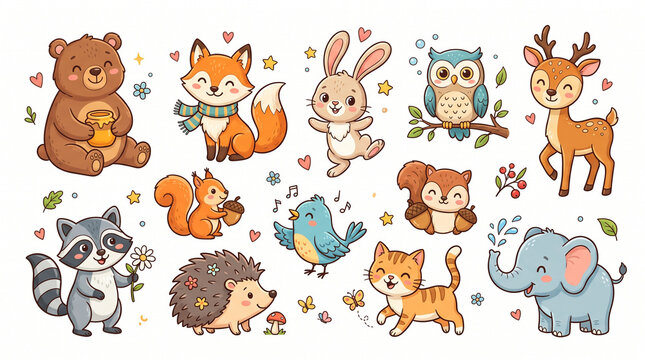 set of funny animals cute vector drawing cartoon