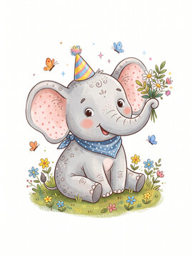 elephant with gift vector drawing 