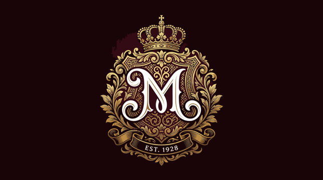 Elegant gold monogram letter M with crown and flourishes.