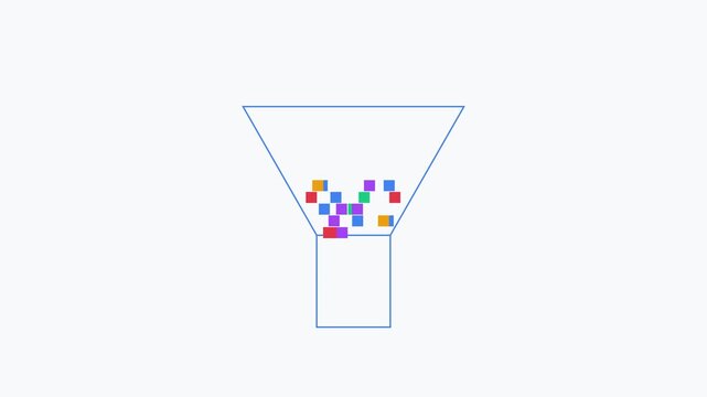 Sales funnel concept with colorful data blocks falling into a business conversion process animation 4k