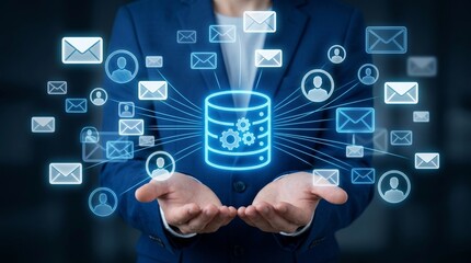 Fototapeta premium Database Email with Automated Mail Delivery from Server. Businessperson Holding Mail and Database Icons for Email Management System