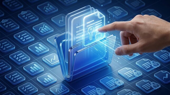 Document Management System DMS in Business. Digital File Archive Storage Technology. Businessman Touching File Icon on Many Folders