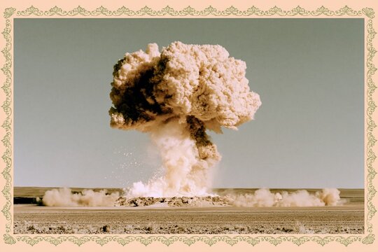 Massive nuclear mushroom cloud explosion rising from a desert landscape for historical archives, vintage military documentaries and educational warfare