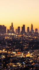 Fototapeta premium Summer sun blur golden hour hot sunset sky with city rooftop view background cityscape office building landscape blurry urban warm bright heat wave lights skyline heatwave bokeh for evening party
