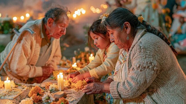 Senior man and woman with child kneeling at a grave for a night vigil for cultural heritage storytelling, intergenerational family history and memorial advertising