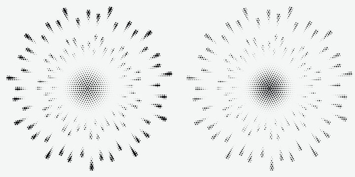 Two radial monochrome sunburst elements with creative halftone dot patterns abstract explosion vector design eps10