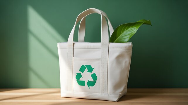 Reusable shopping bag with recycling symbol and green plant representing sustainable living
