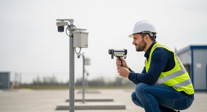 Technician inspecting security cameras at outdoor perimeter monitoring site using handheld device