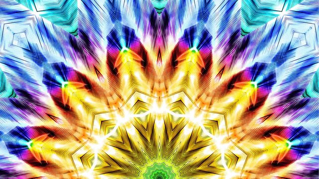 Colorful kaleidoscopic patterns evolving in symmetry and vibrance. Abstract semicircular mosaic in vivid hues and dynamic shifts. Half circle motion backdrop with expansion ornaments. 4K UHD 4096x2304