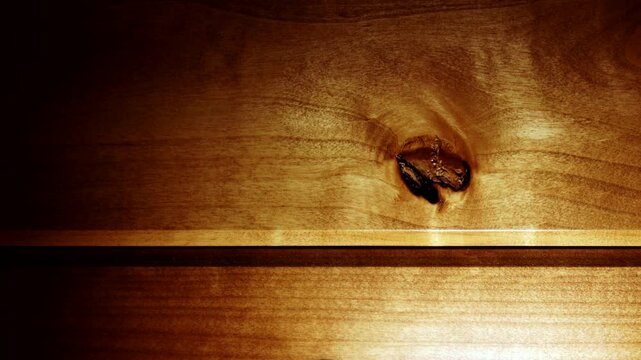 Close up slow motion on wooden surface with knot and grain, natural texture with warm light.