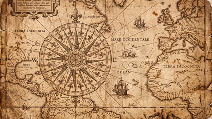 Fototapeta premium Vintage antique map with a compass rose and ships sailing on the ocean with terra incognita labeled on the sides