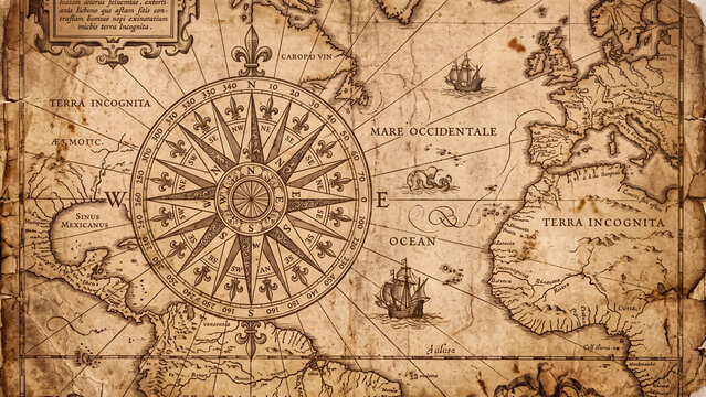 Vintage antique map with a compass rose and ships sailing on the ocean with terra incognita labeled on the sides