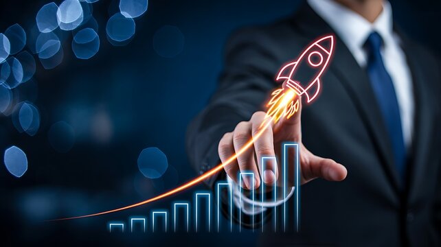 Businessman launching startup rocket representing business growth and successful innovation