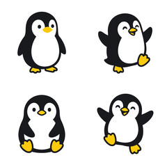 Obraz premium Four pixel art penguins in cute poses, standing, sitting, and waving, with black and white bodies and yellow beaks and feet, simple cartoon style for children's designs