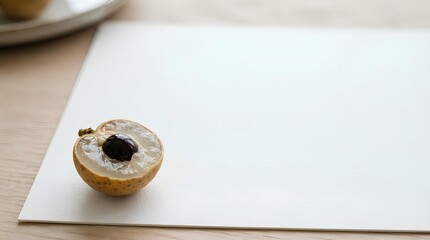 A halved longan with translucent flesh and visible seed placed near the bottom left of a large plain white card surface, most of the card left empty as negative space for Asian tropical fruit.