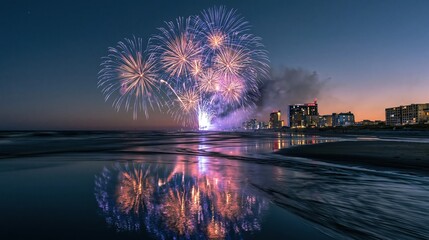 Obraz premium Beautiful fireworks display over beach shoreline at night with ocean reflections for summer travel posters, holiday event marketing and coastal vacation advertising