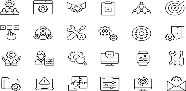 Set of black and white hand drawn business and technology icons featuring gears tools handshake and management symbols for web