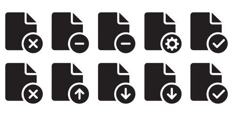 Fototapeta premium Solid file icons with various actions including cancel remove add download and check.