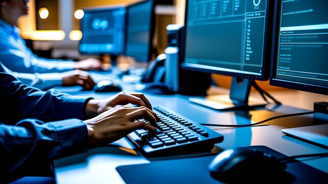 Software developers coding on computers in modern technology office environment