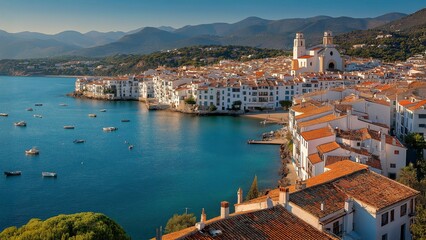 Obraz premium Mediterranean Coastal Town with Harbor and White Buildings