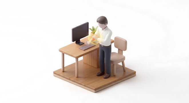 キーボードやマウス操作による腕全体の筋肉疲労を訴える男性ビジネスパーソンの3Dイラスト

