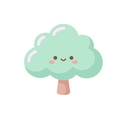 Rounded green tree Illustration in Cute Kawaii Cartoon Style © Felipe