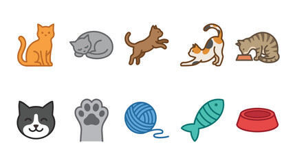 Obraz premium Cute cat and pet icon collection in a flat vector style.